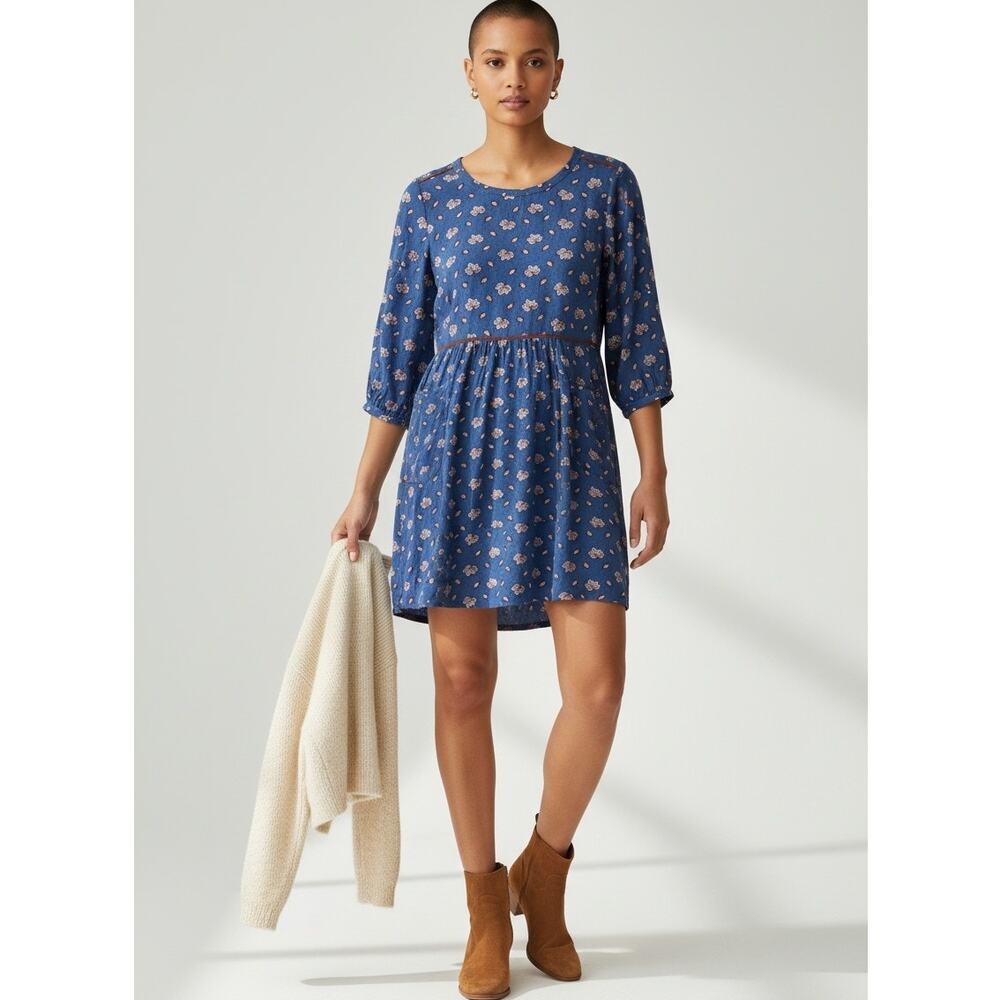 Boden Blue Maple Leaf Print Dress Long Sleeve Pockets Size 8R